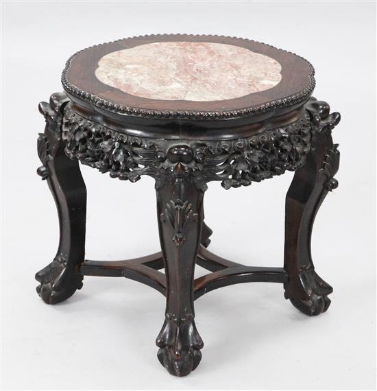 A Chinese rosewood (hongmu) and marble topped stand, late 19th century, height 45.5cm